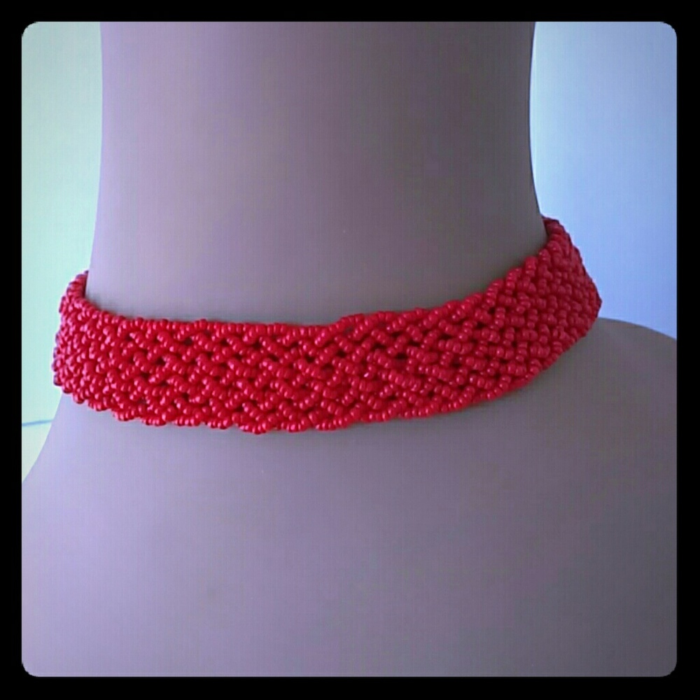 Vintage Old Red Seed Bead Glass Choker Necklace